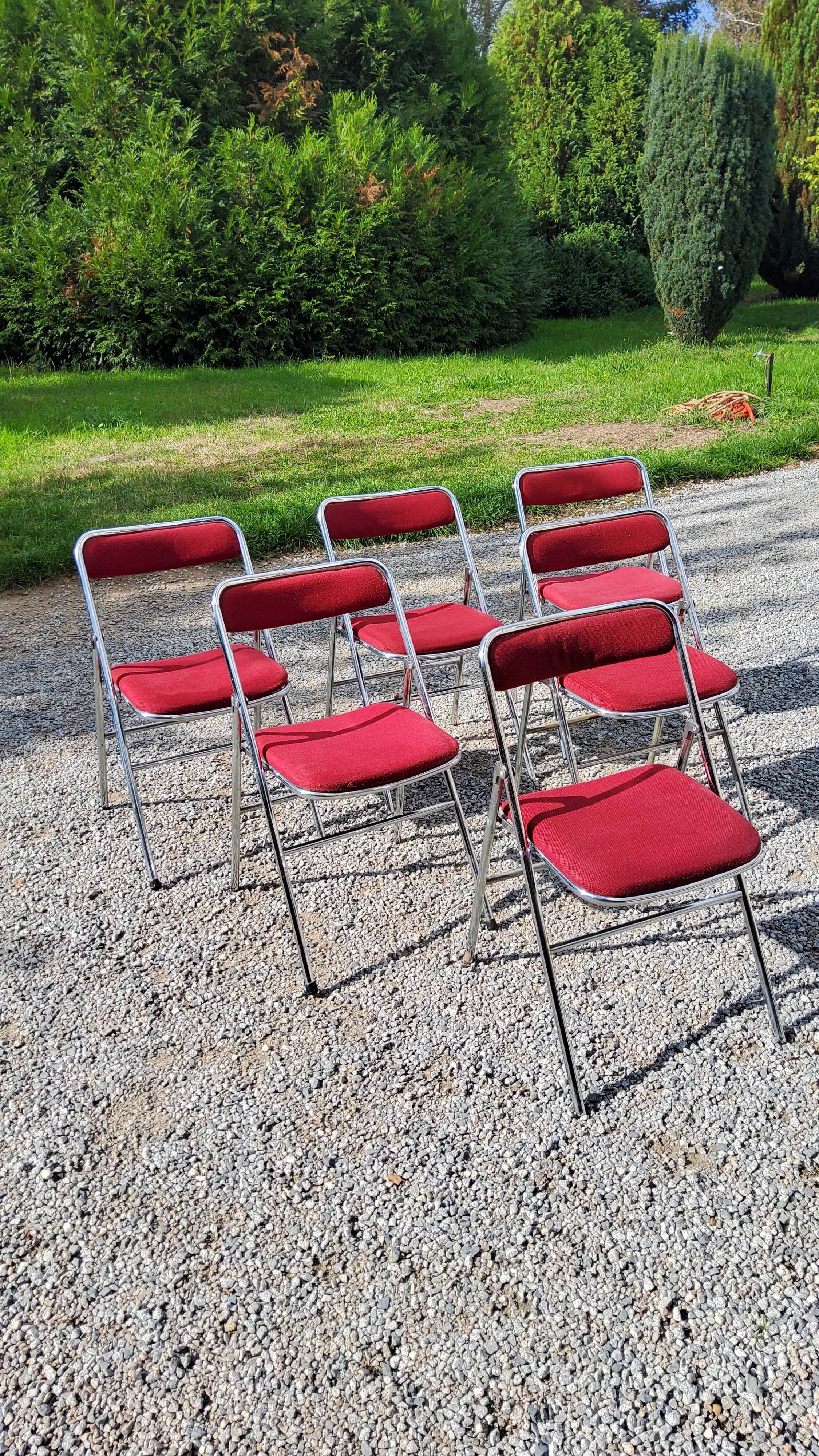 Set of 6 folding chairs from the 70s tweed and chrome metal