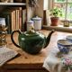 Vintage Teapot Mehun France Numbered, Green and Gold Porcelain