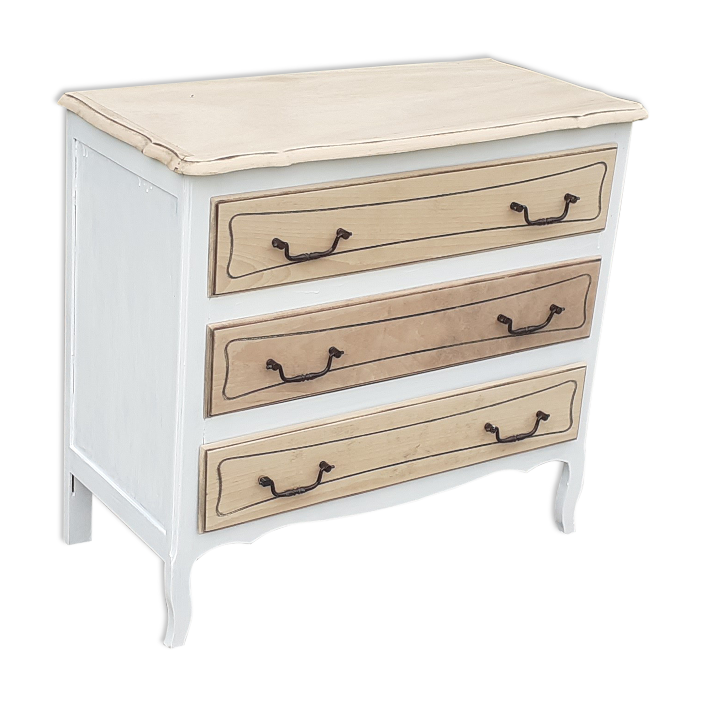 Commode 3 Tiroirs Style Louis XV – Gris Patiné Ancien – Bois Massif 93x46cm