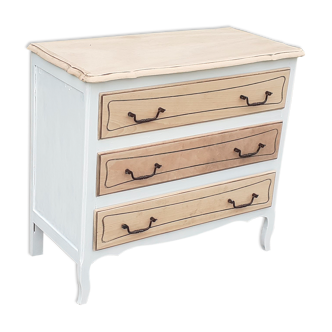 Chest of drawers 3 drawers Louis XV style in white and raw wood