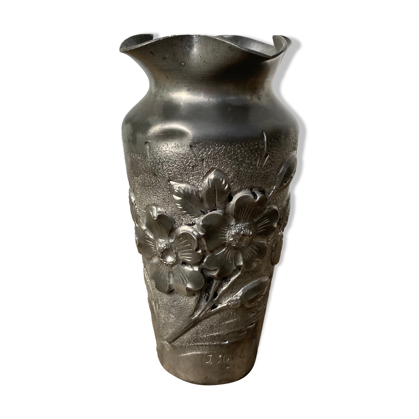 Art nouveau era pewter vase signed Jules Louis Rispal