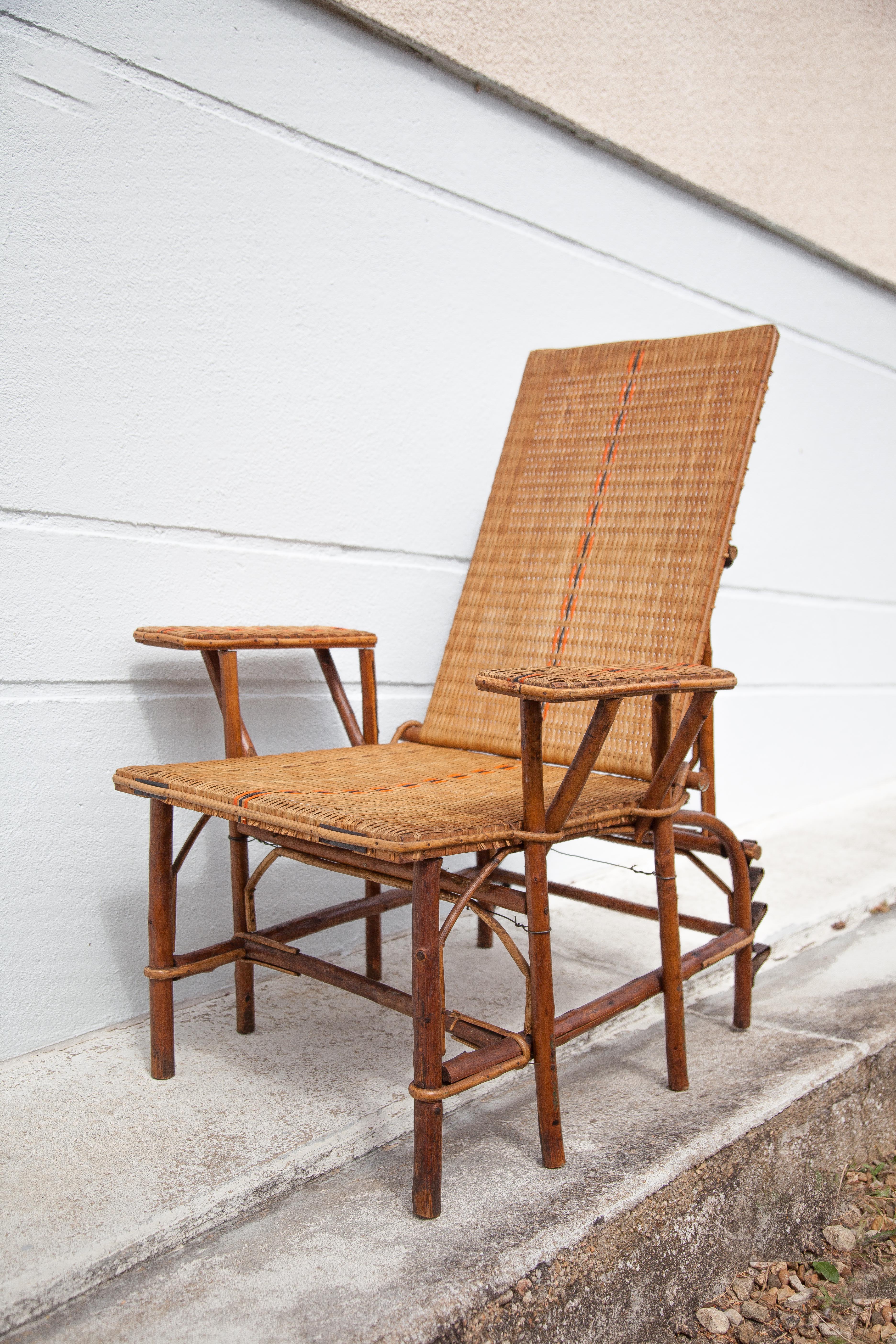 Antique rattan chaise longue, Chilean, rattan deckchair, folding backrest, removable footrest