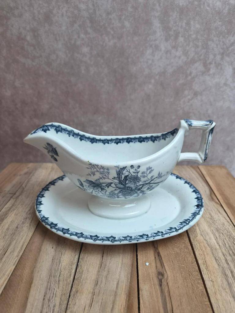Antique sauce boat Sarreguemines bamboo shape – unlisted blue decoration – ironstone