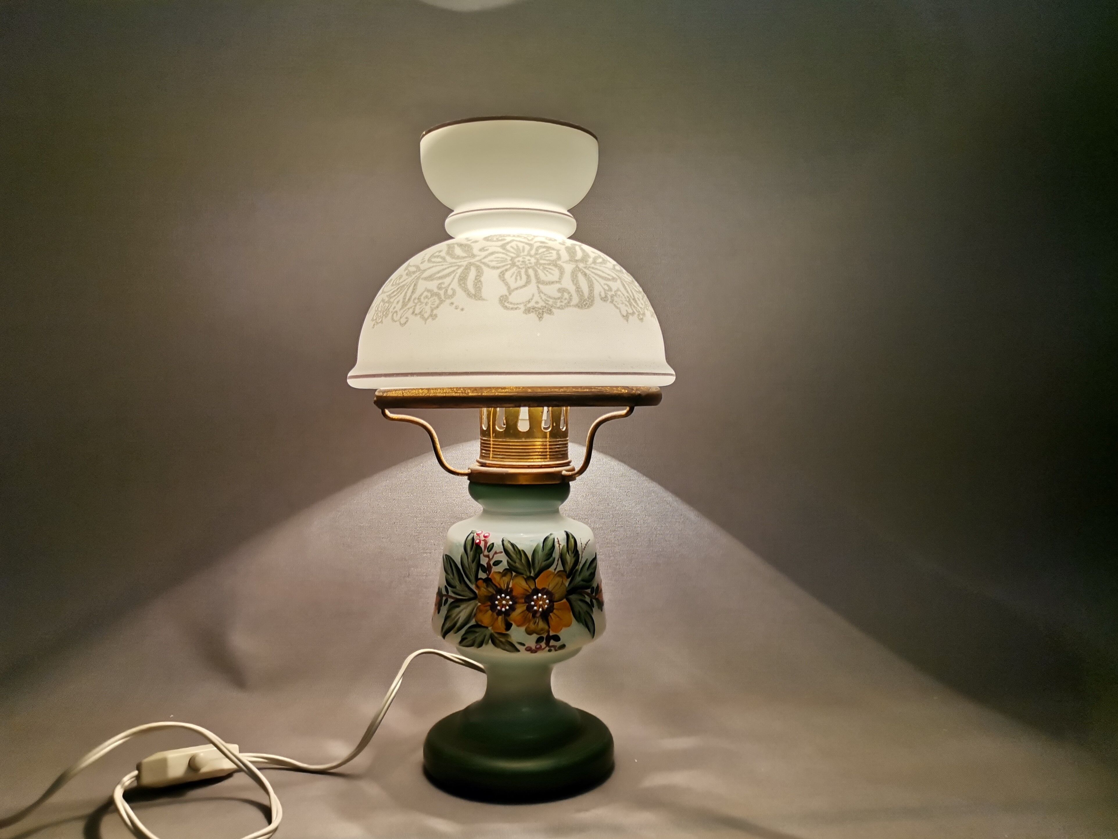 French country 1960s rustic green ceramic and glass vintage table lamp