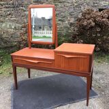 Vintage Scandinavian teak dressing table with 1 drawer 1 flap and its swivel mirror.