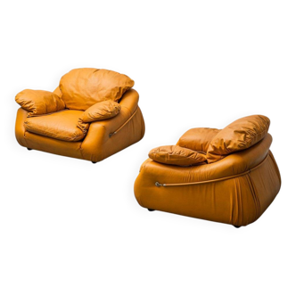 Paire de fauteuils en cuir marron, 1970