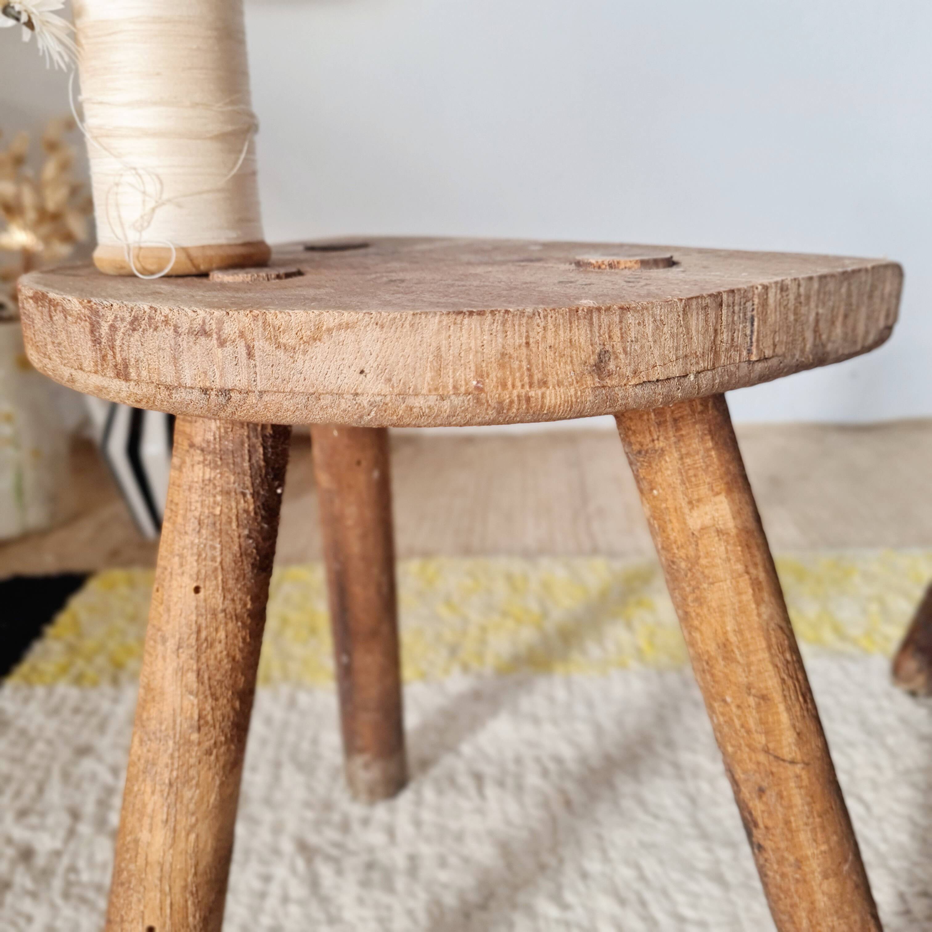 Pair of vintage brutalist tripod stools - folk art