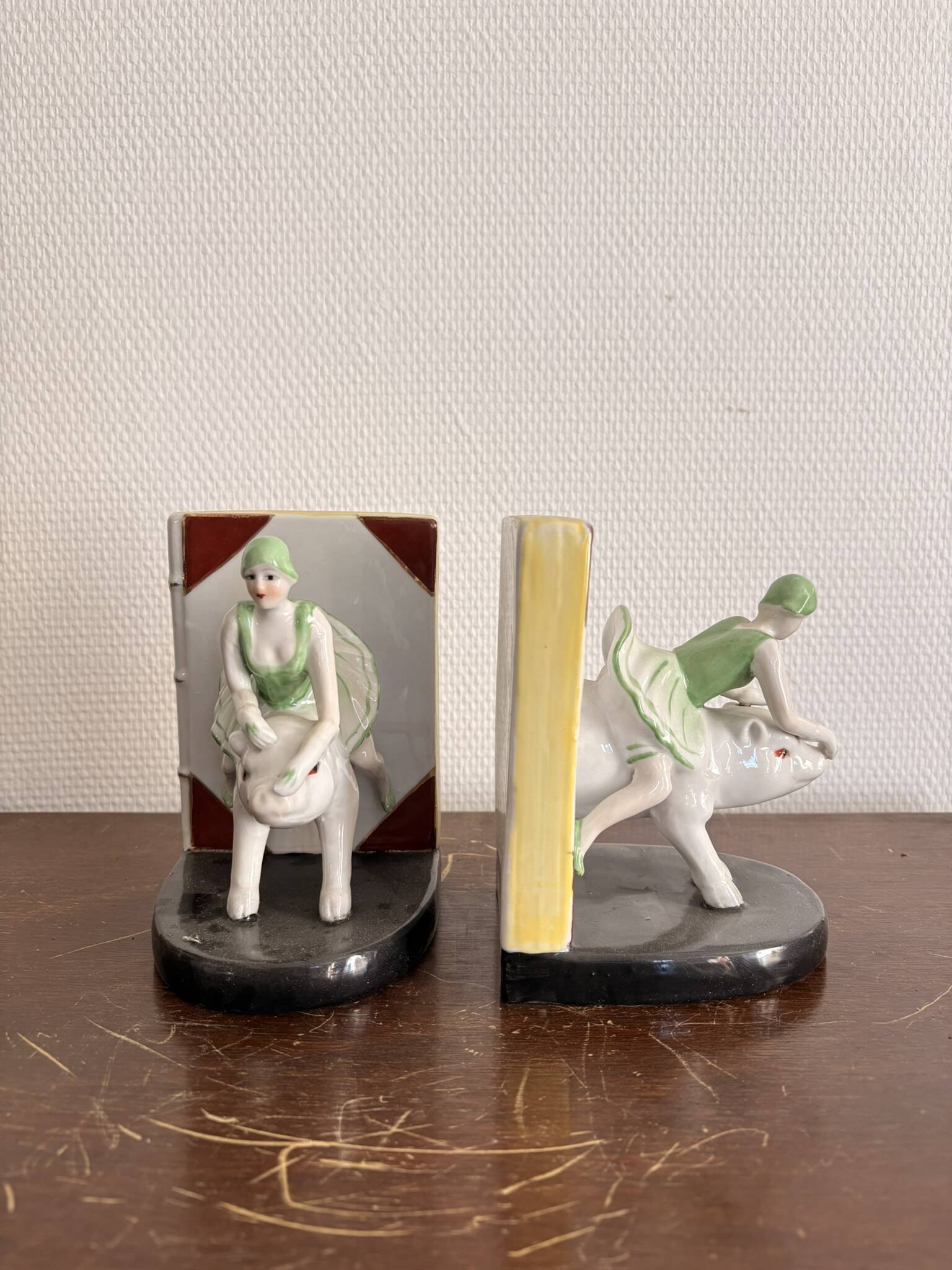 Old Pair of Bookends Porcelain White Girl Woman Equestrian Pig Art