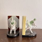 Old Pair of Bookends Porcelain White Girl Woman Equestrian Pig Art