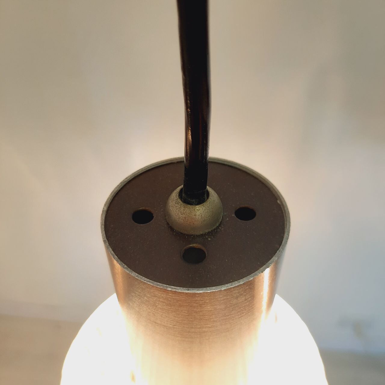 Three vintage suspension lamps, copper aluminum and glass