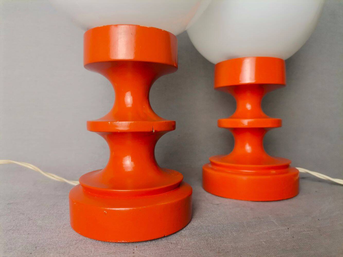 Pair orange painted wood opaline glass tabel lamps
