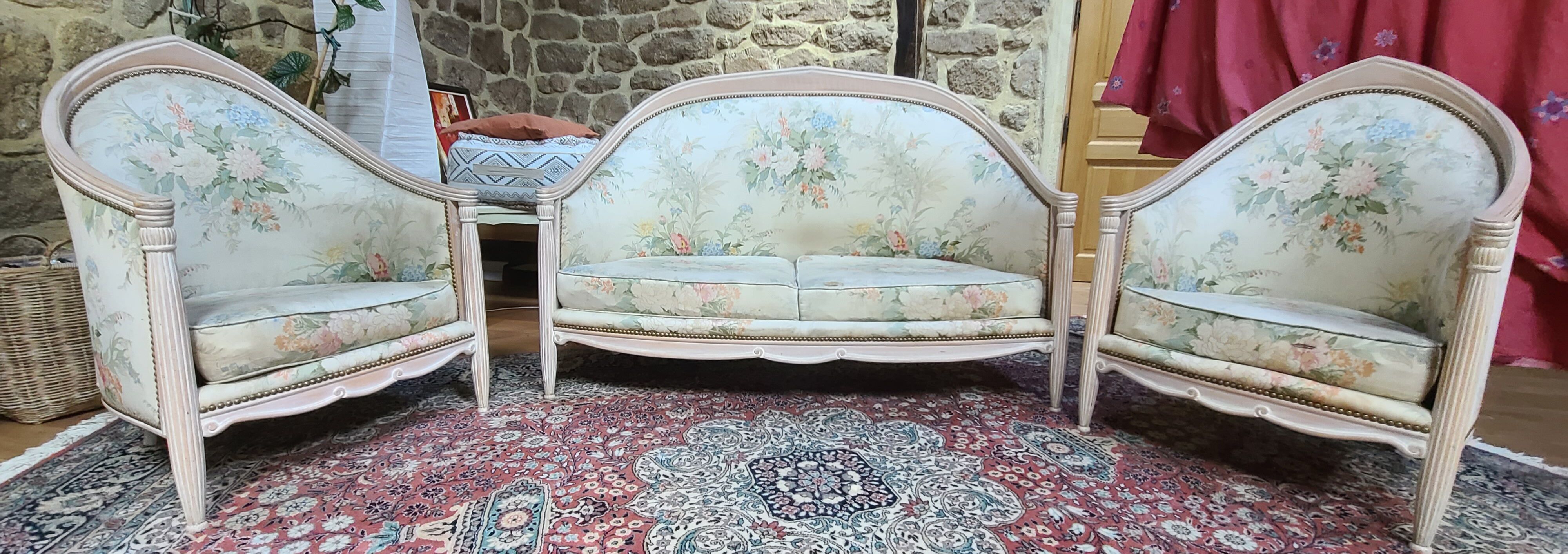 Salon 3 pièces style Louis XVI — canapé + 2 fauteuils — bois laqué