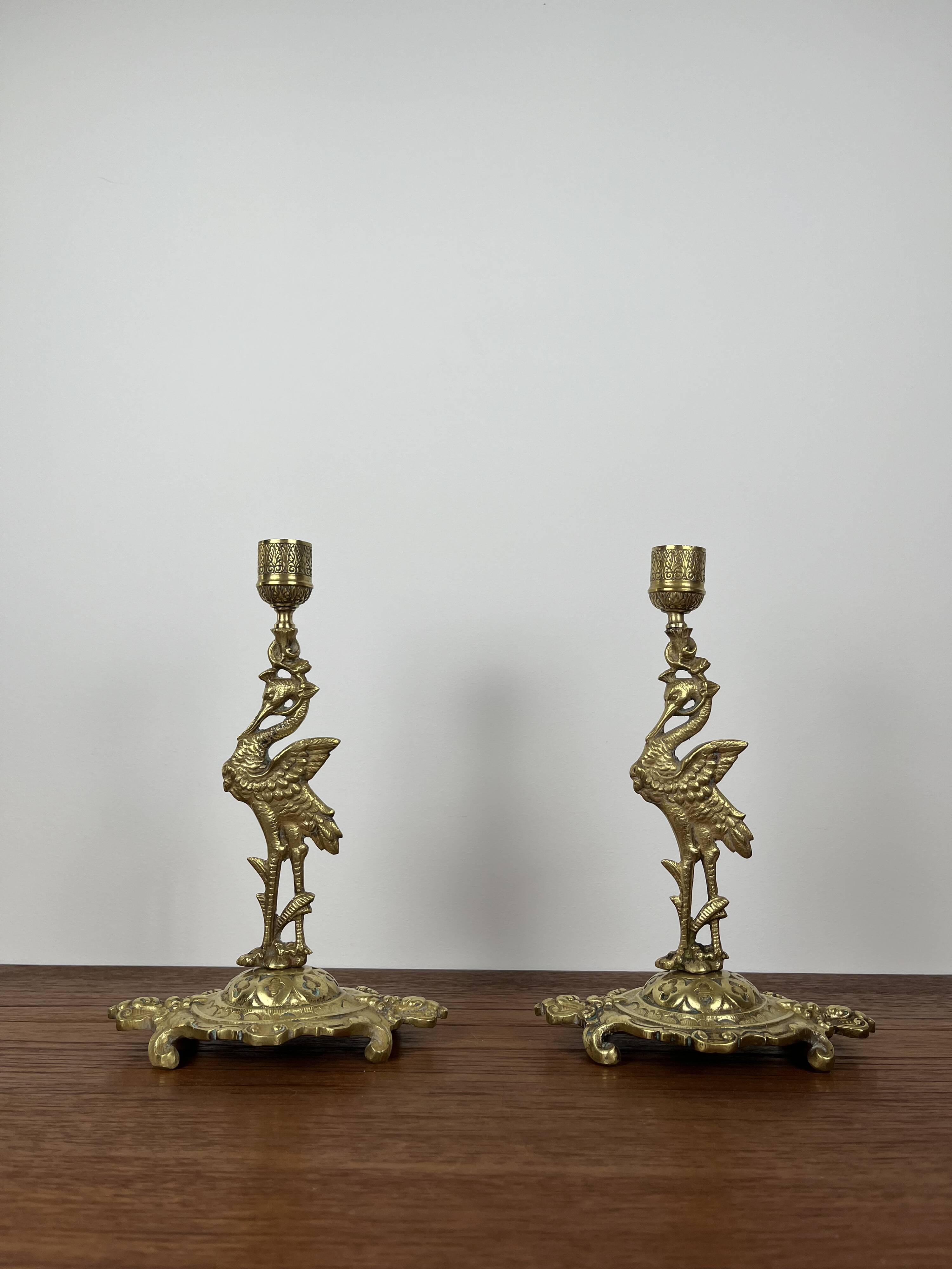 Pair of antique heron candlesticks in gilded brass – Orientalist Art Deco style