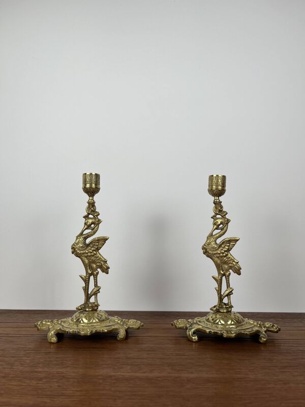 Paire de bougeoirs anciens héron laiton doré – style orientaliste Art déco