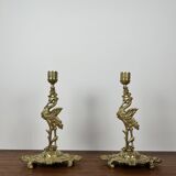 Pair of antique heron candlesticks in gilded brass – Orientalist Art Deco style