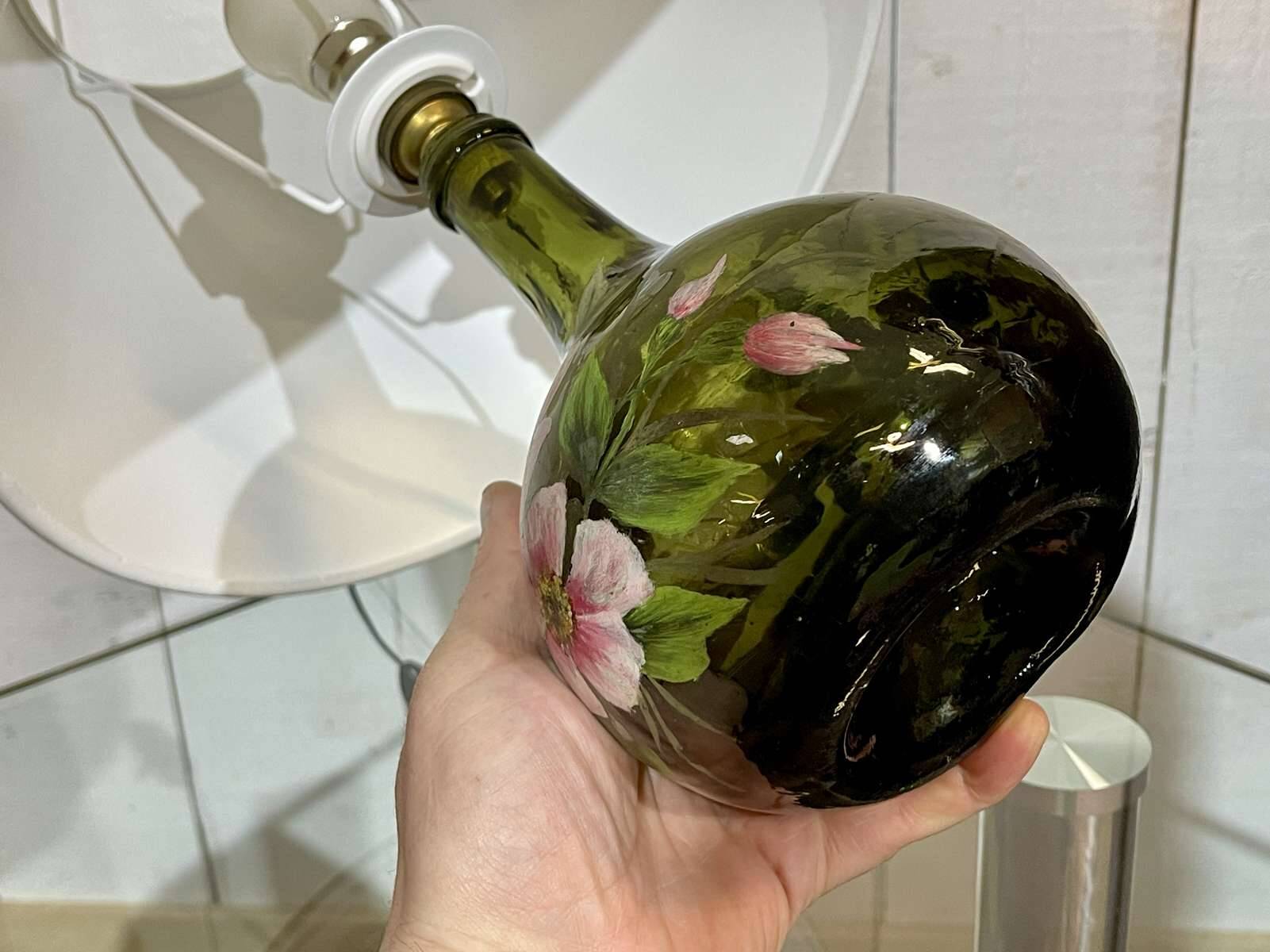 Blown glass lamp painted with a floral design, early 20th century.