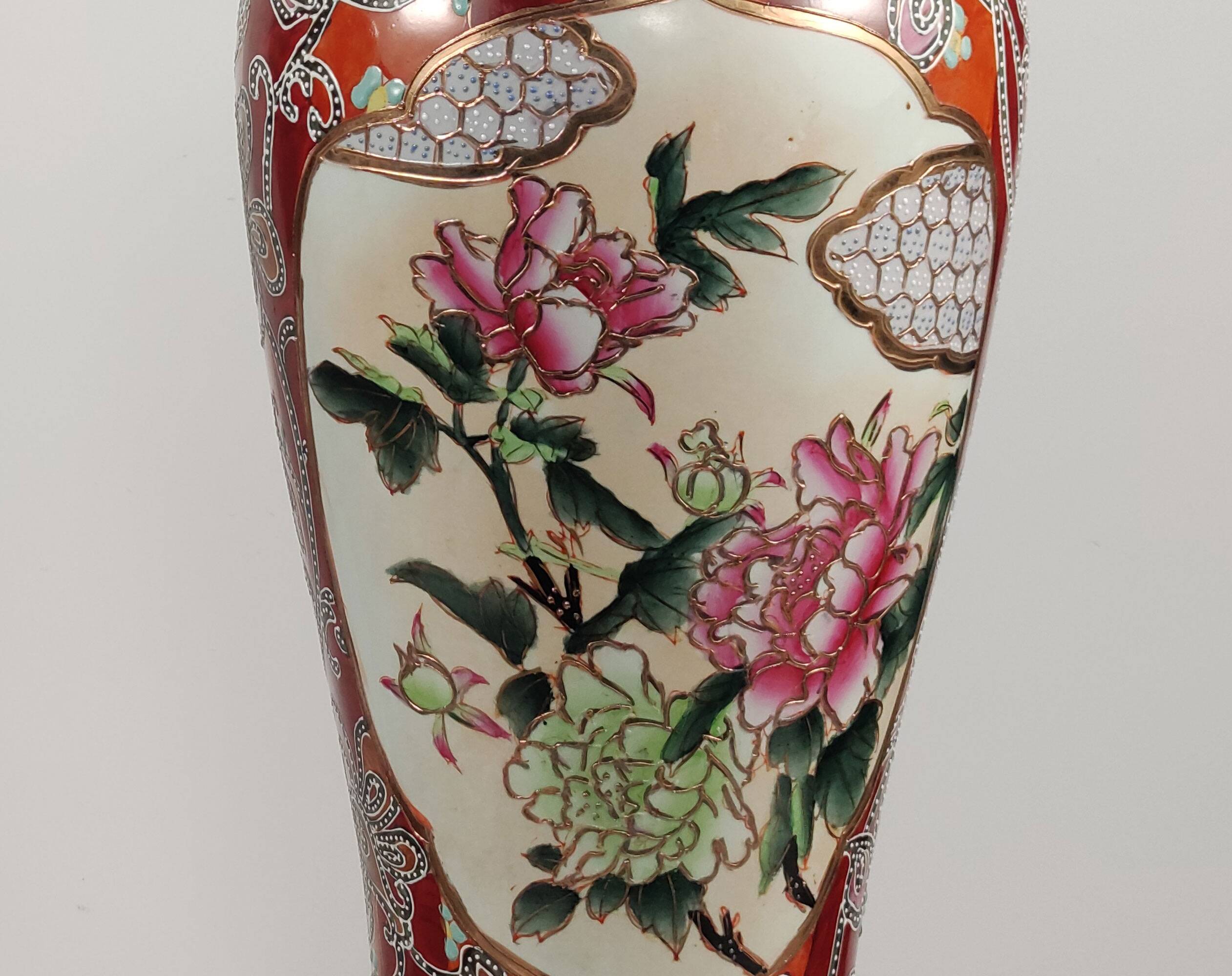 Pair Of XL Vintage Hand-Painted Chinese Floral Pottery Lamps