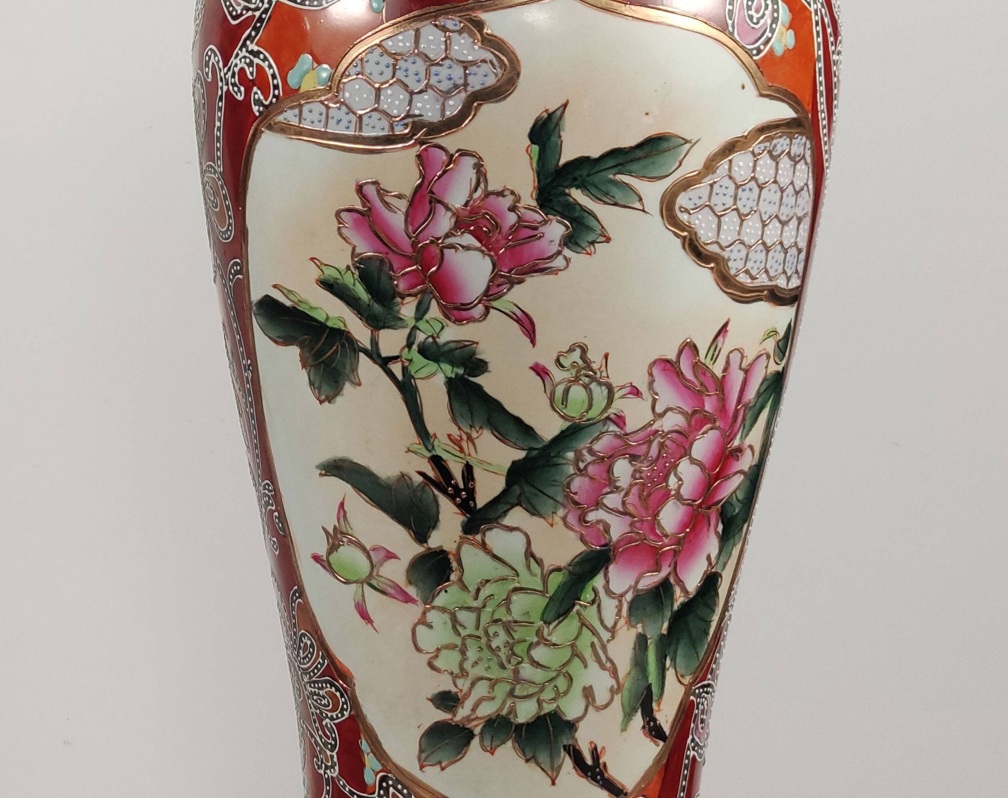 Pair Of XL Vintage Hand-Painted Chinese Floral Pottery Lamps
