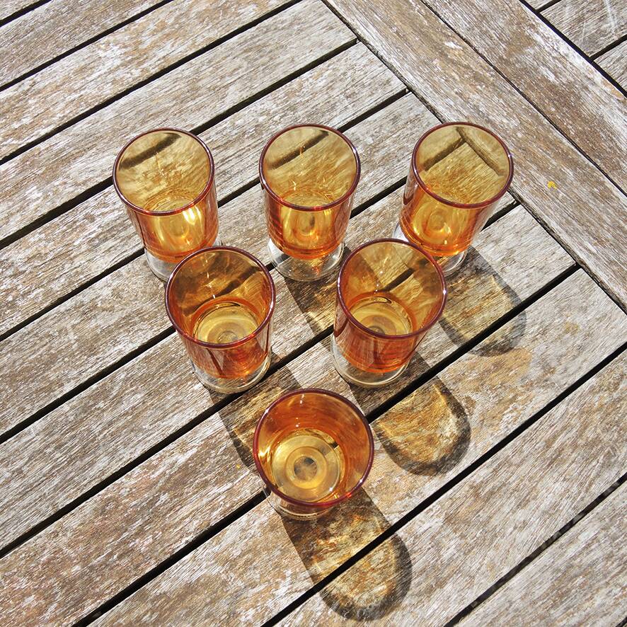 6 old Luminarc liqueur glasses in yellow glass