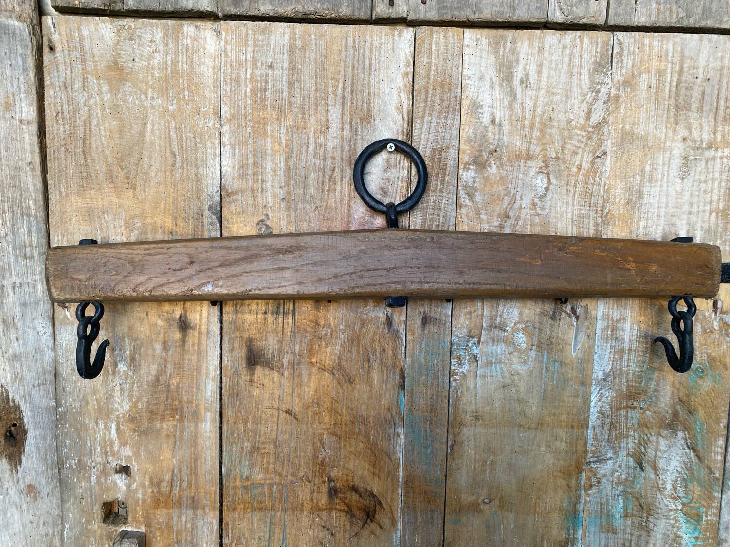 Ancien porte manteau mural palonnier attelage cheval bois + patères métal