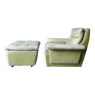 Patchwork leather lounge chair and ottoman  in light olive green by Laauser, 1970s