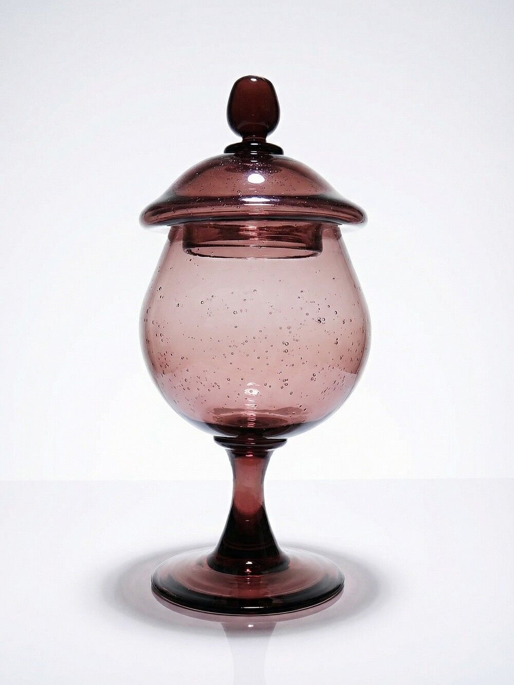 Pot, vintage purple plum bubble glass sweet jar in the style of Biot.