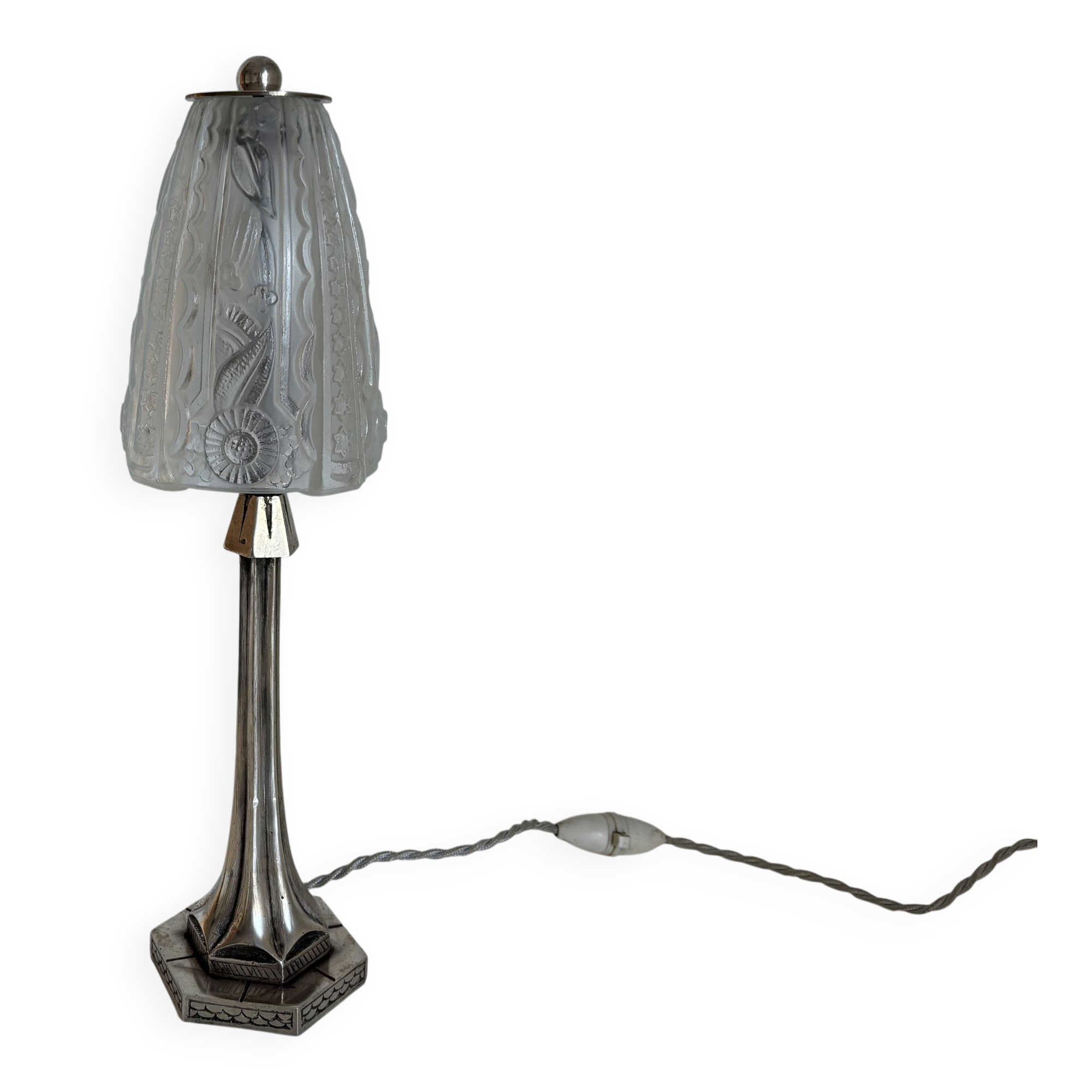 Art Deco table lamp from the 1920s–1930s — Tree trunk base in nickel metal