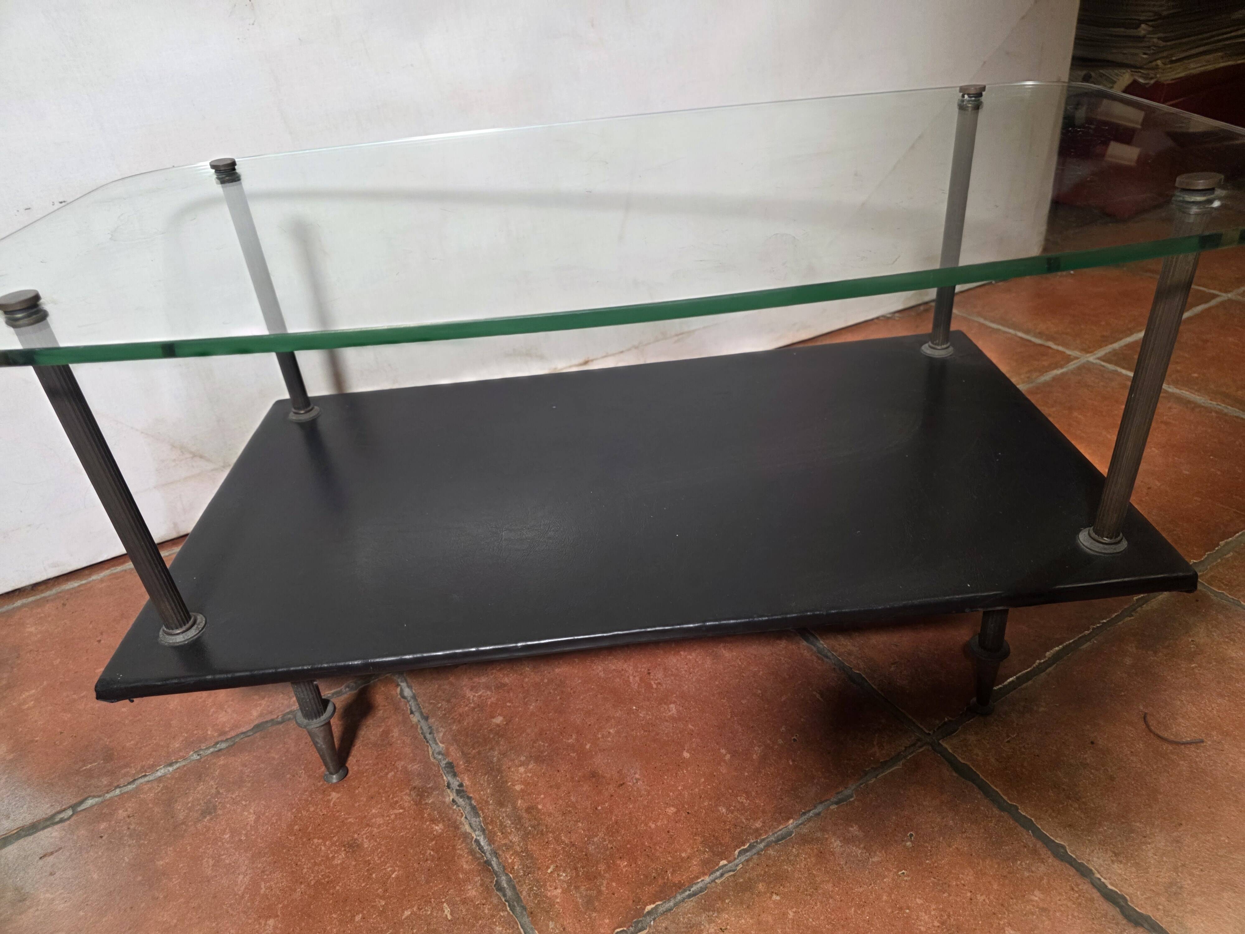 Vintage coffee table from the 1960s, glass, faux leather, brass.