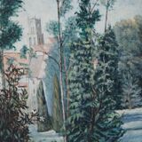 Vue champêtre et du village - huile sur toile signée en bas à droite Ecole Française XXème