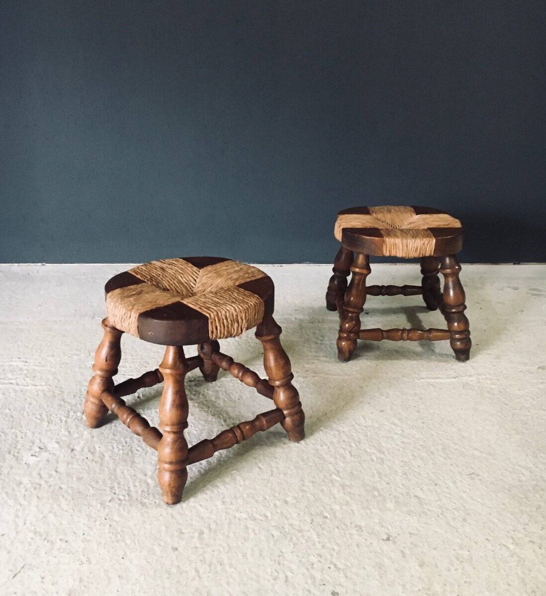 Rustic Low Oak and Rush Stools in the style of Charles Dudouyt, France, 1940s, Set of 2