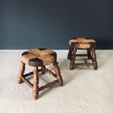 Rustic Low Oak and Rush Stools in the style of Charles Dudouyt, France, 1940s, Set of 2
