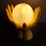 Yellow ceramic hand lamp with white opaline globe