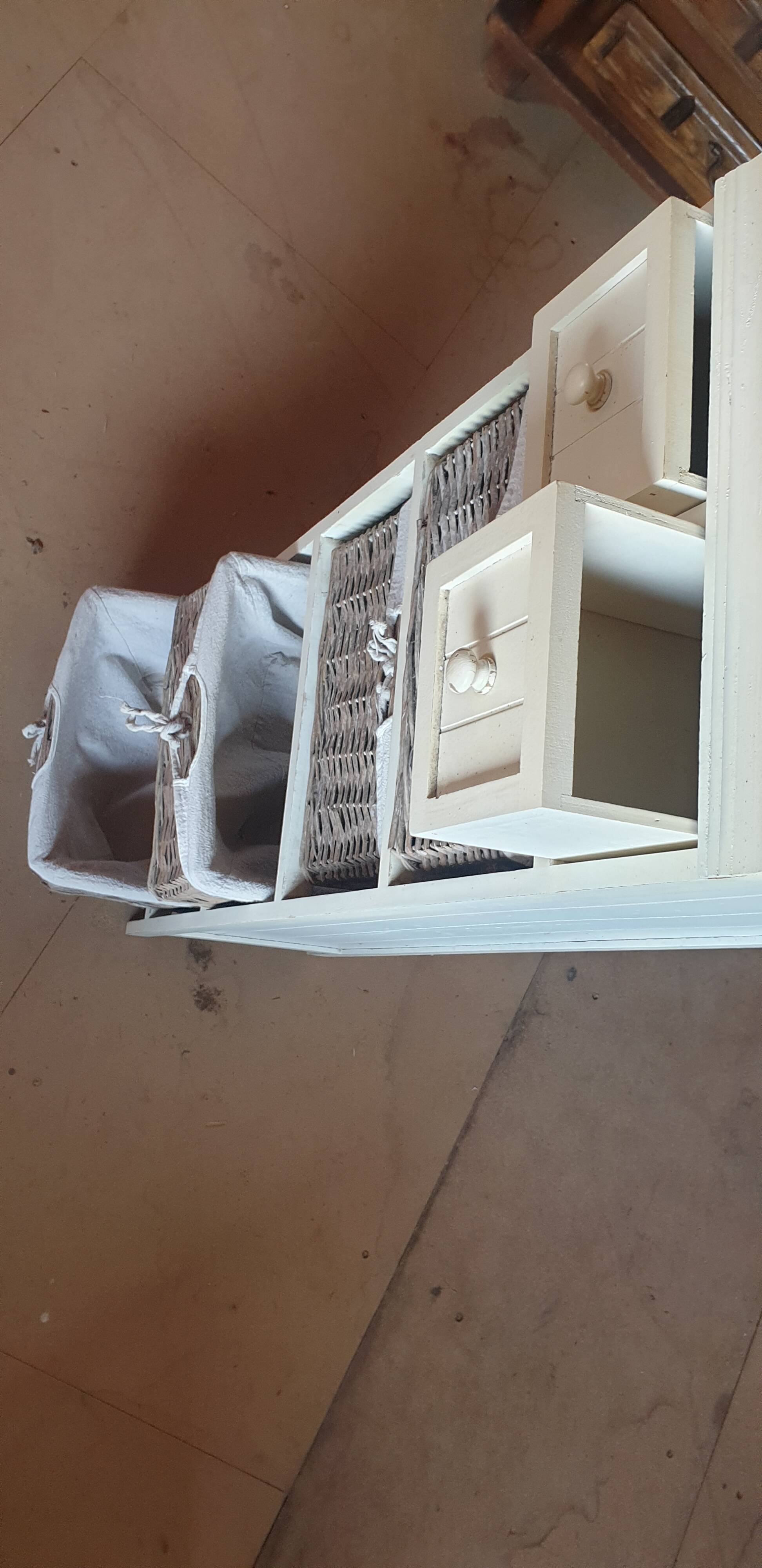 chiffonier, linen chest of drawers made of wood, wicker and fabric