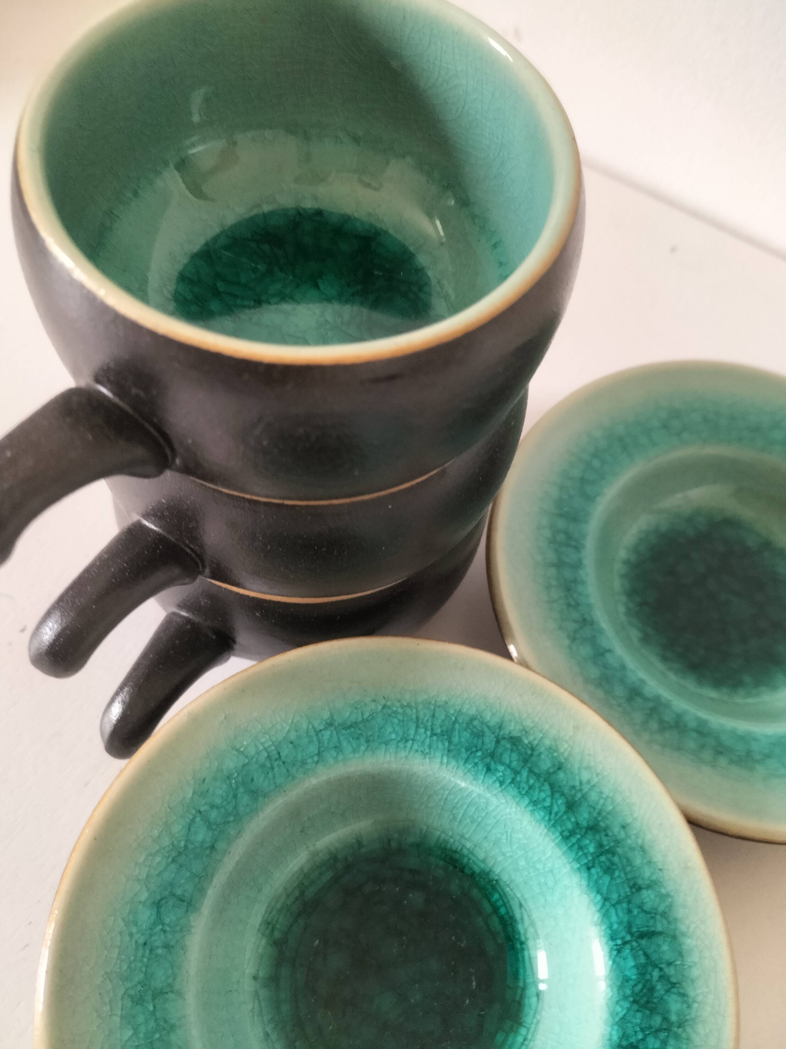 Set of three ceramic cups and saucers – crackled turquoise glaze