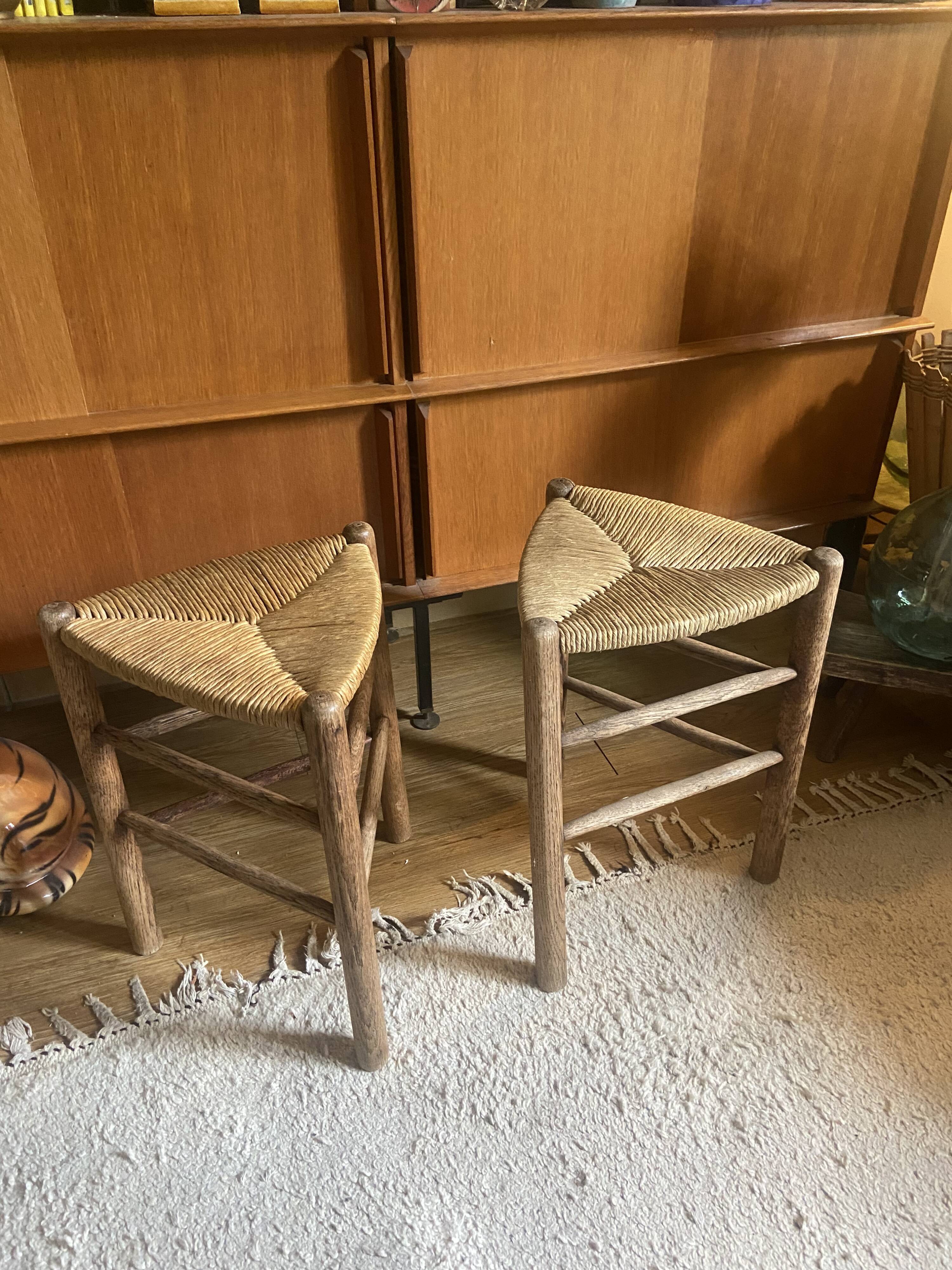 Pair of vintage oak tripod stools