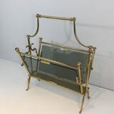 Neoclassical magazine rack in brass and blue glass