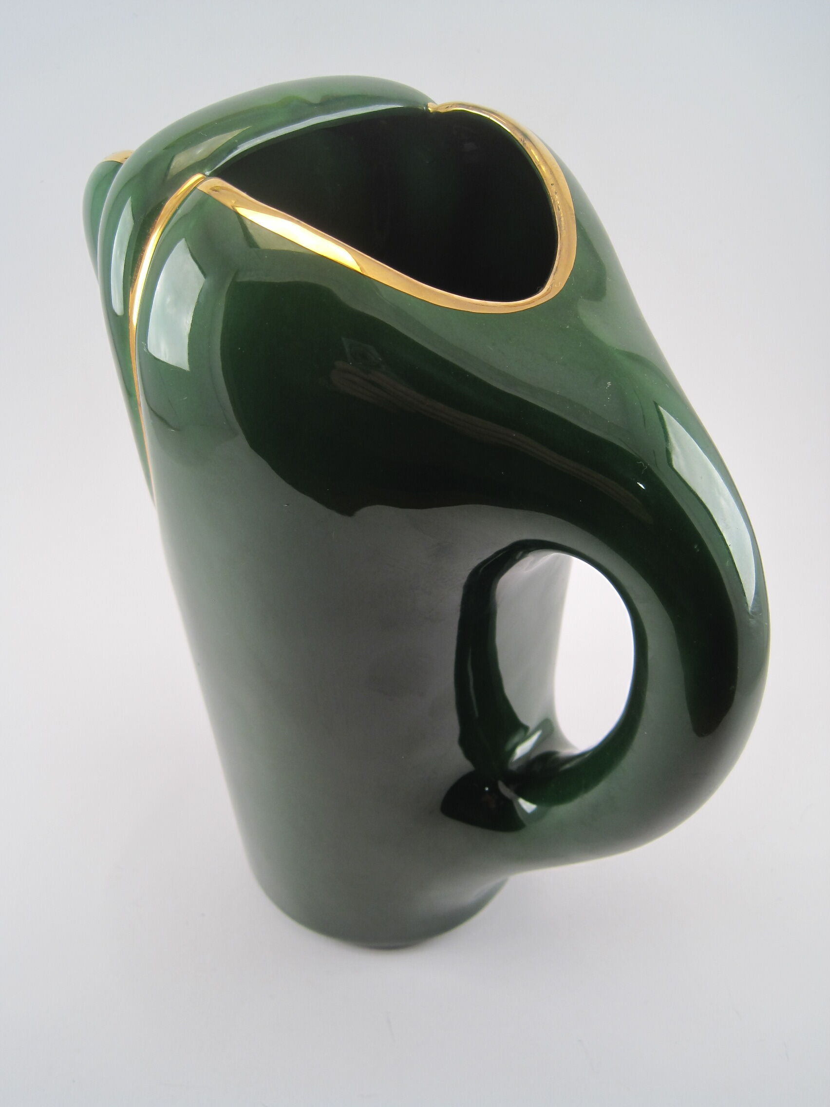 Modernist pitcher in green and gold glazed ceramic, brand MAGDALITHE MADE IN FRANCE around 1950 1