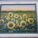 Old oil painting depicting a landscape of sunflowers