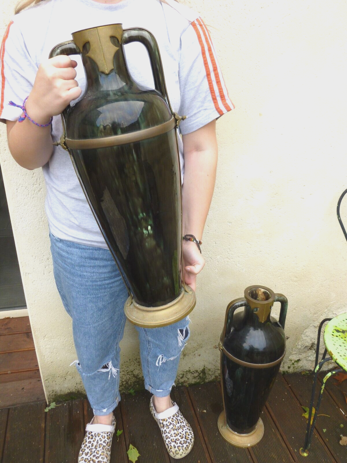 Ceramic vases brass frame art nouveau