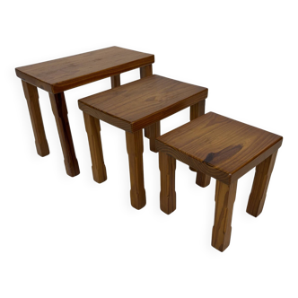 Vintage Set of 3 pinewood side or nesting tables 1970s nest of tables