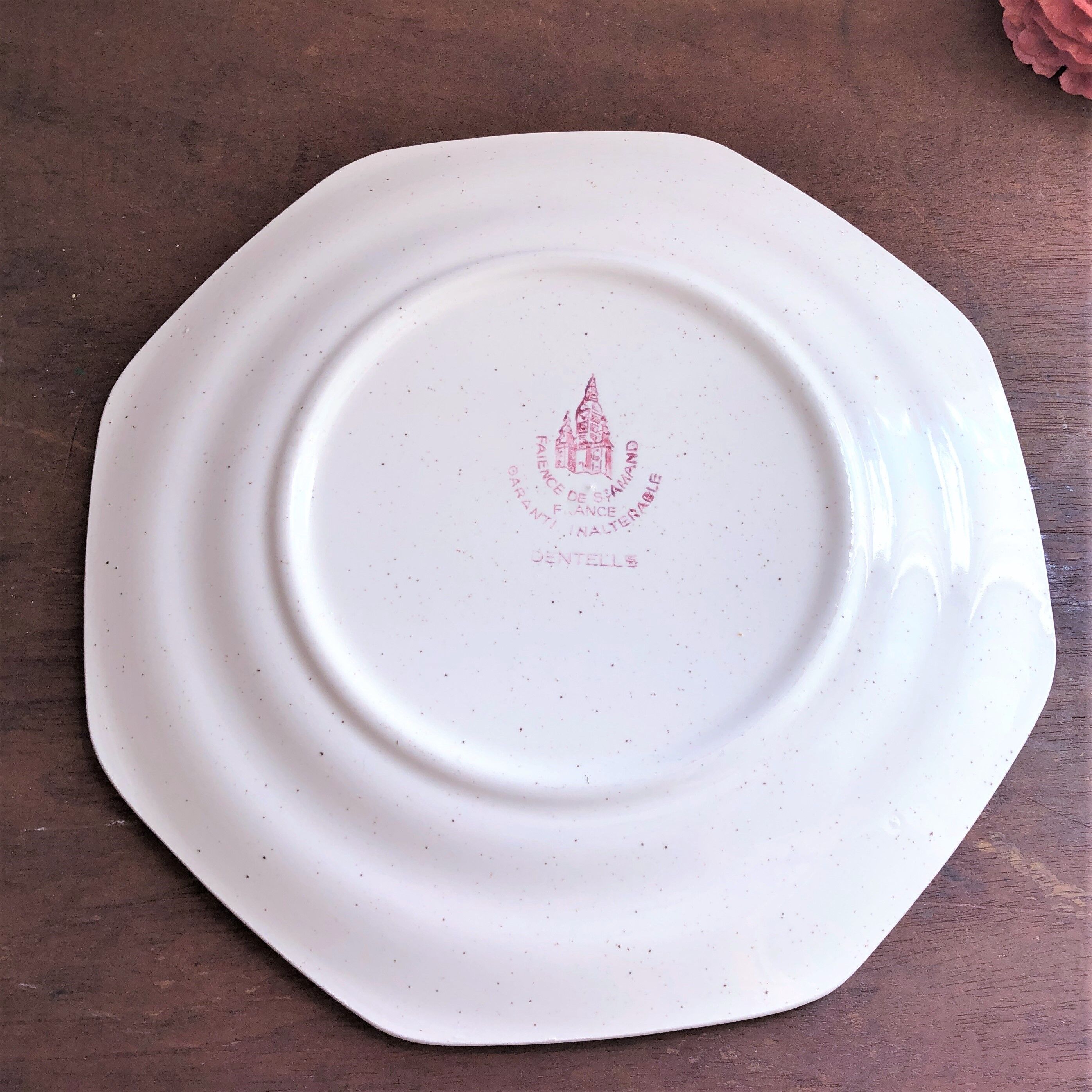 Old pink speckled beige dessert plate from the Dentelle St Amand collection