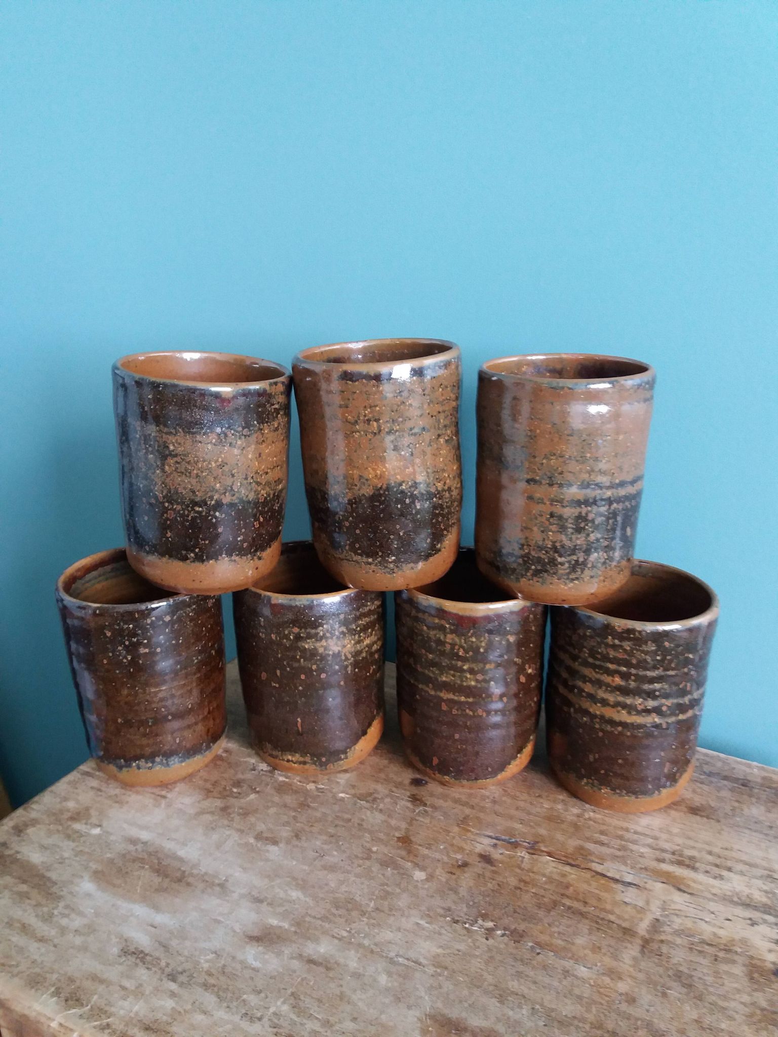 Handcrafted stoneware glass cups, signed, Fontgombault Abbey