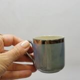 Art deco coffee service in fine iridescent blue porcelain, metal and wood