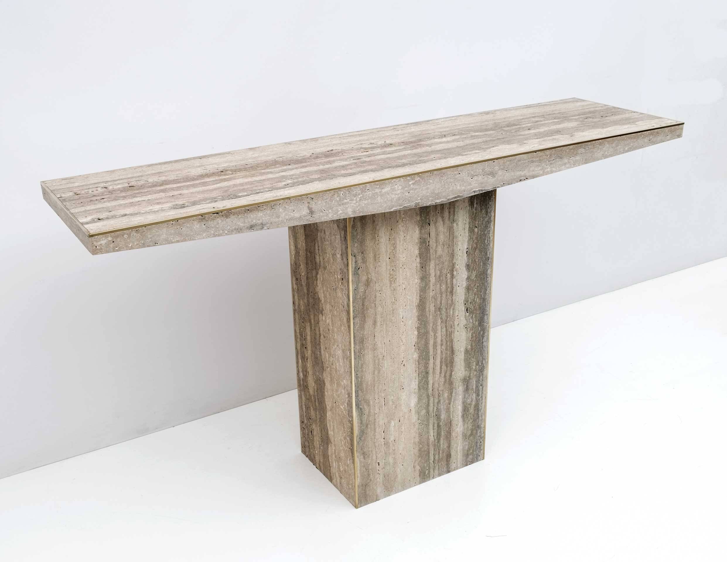 Mid Century Italian Unfilled Travertine and Brass Inlay Console Table