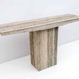 Mid Century Italian Unfilled Travertine and Brass Inlay Console Table