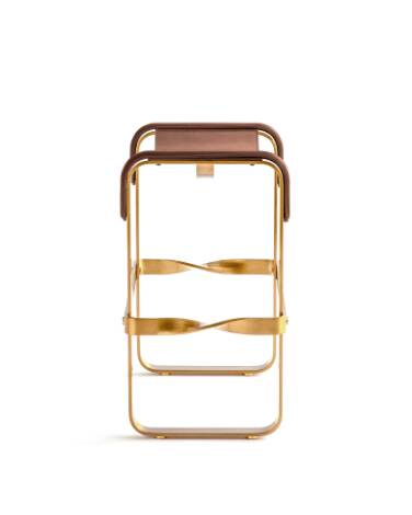Tabouret de bar de cuisine contemporain, métal laiton vieilli et cuir marron foncé