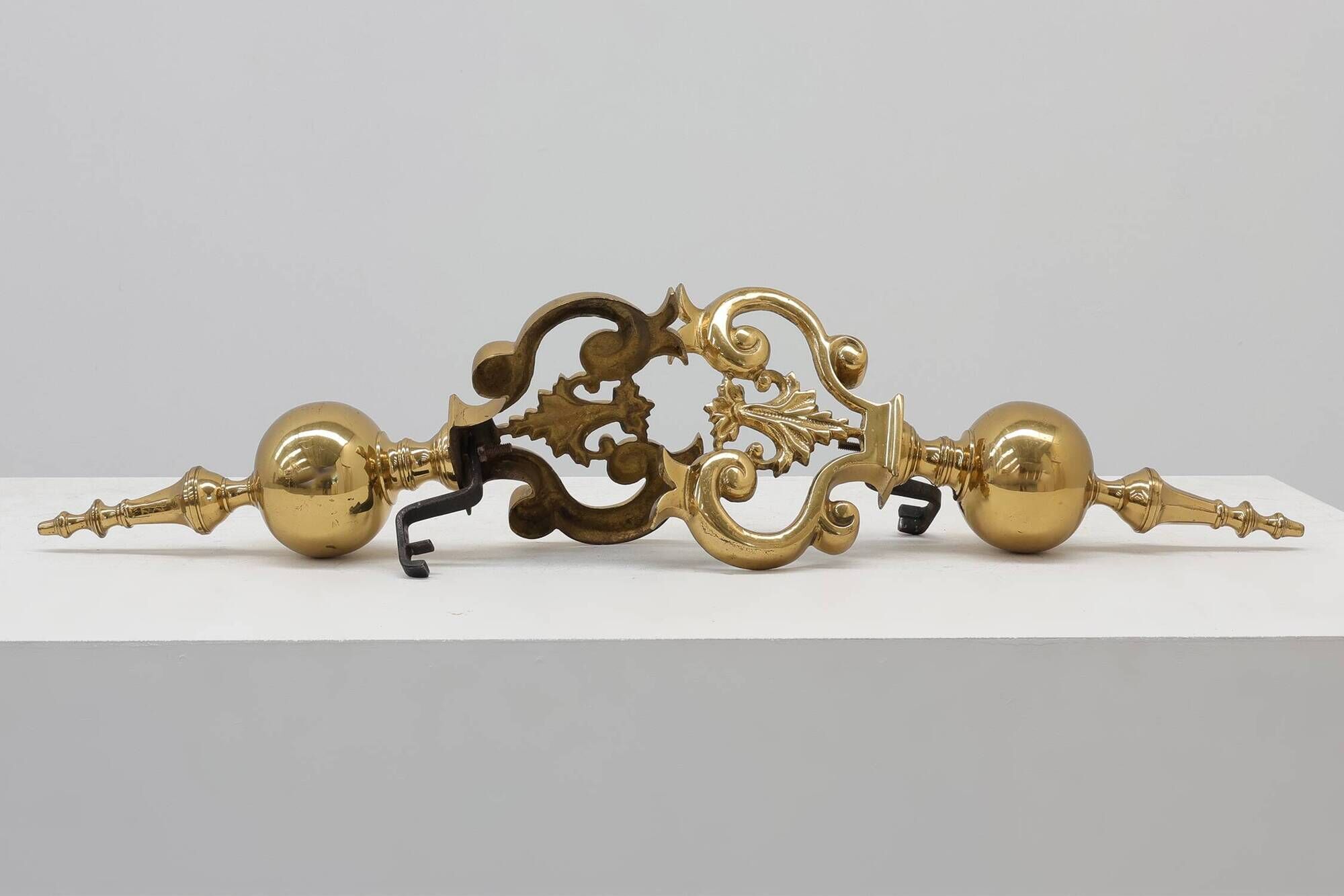 Pair of French Brass Firedogs and Wrought Iron Fireplace Grate, 20th Centur