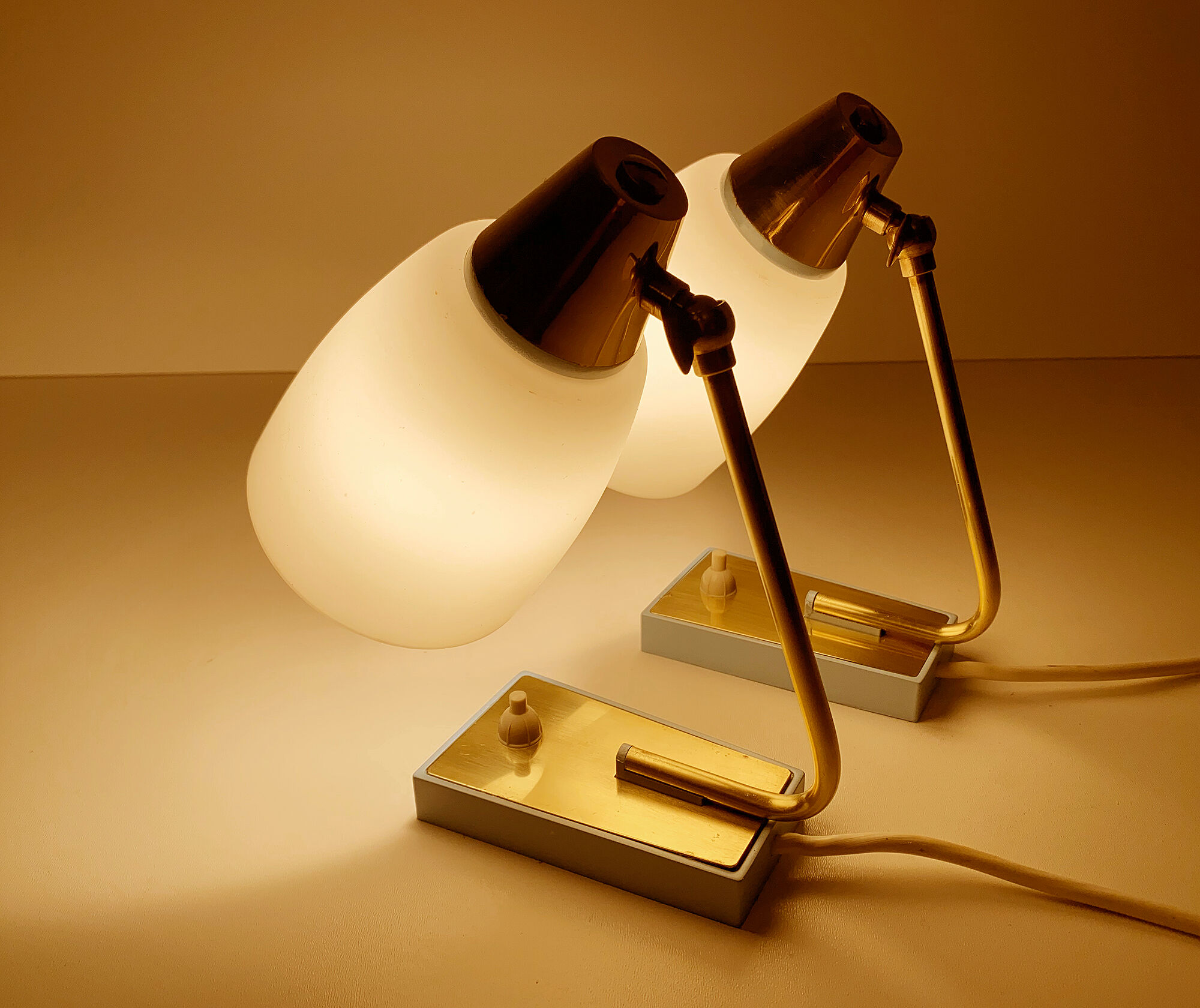 Pair of vintage table or bedside lamps, brass and glass, 50s 60s