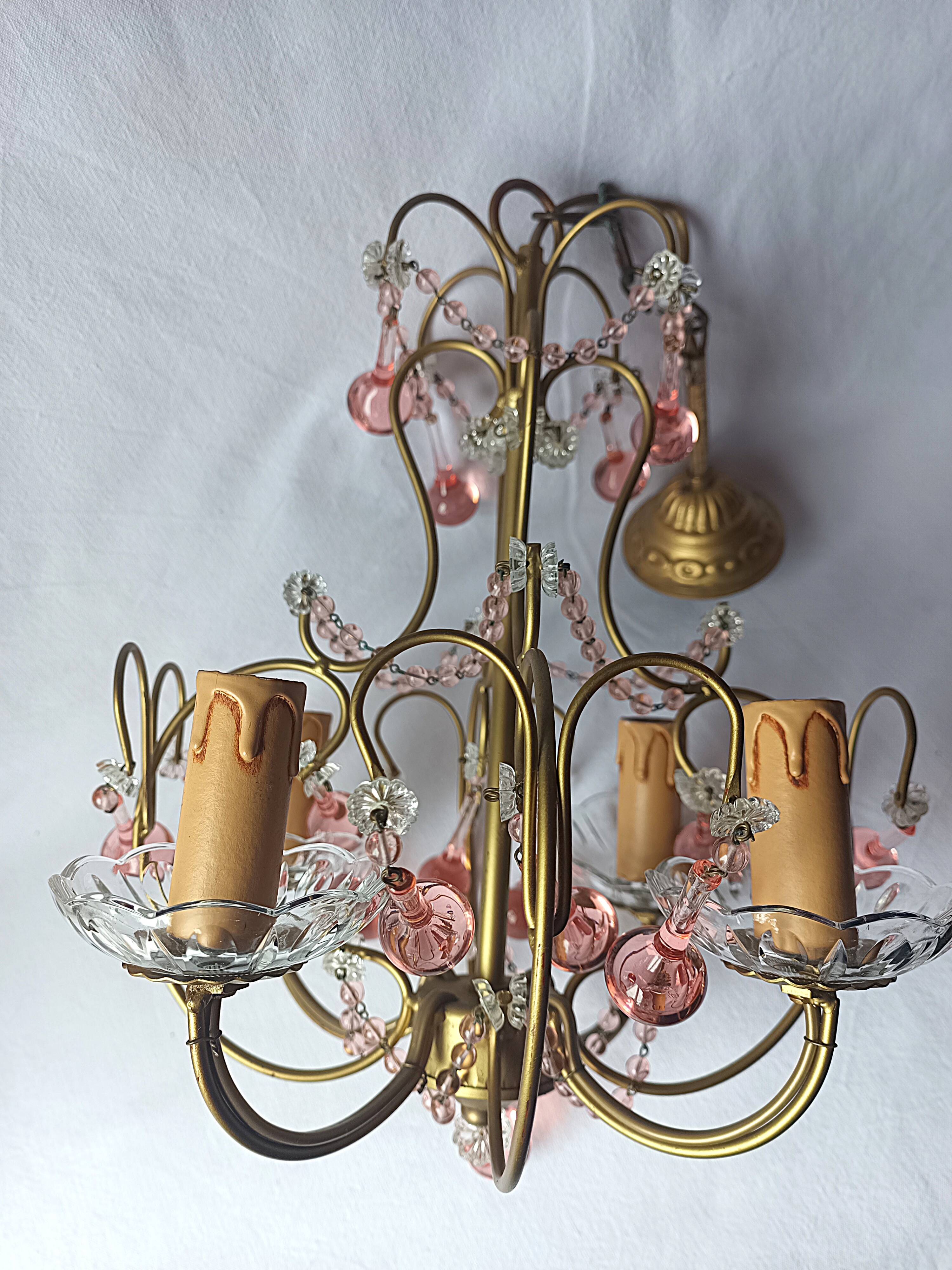 Vintage Murano drop pendant chandelier with pearl flower, 4 lights.