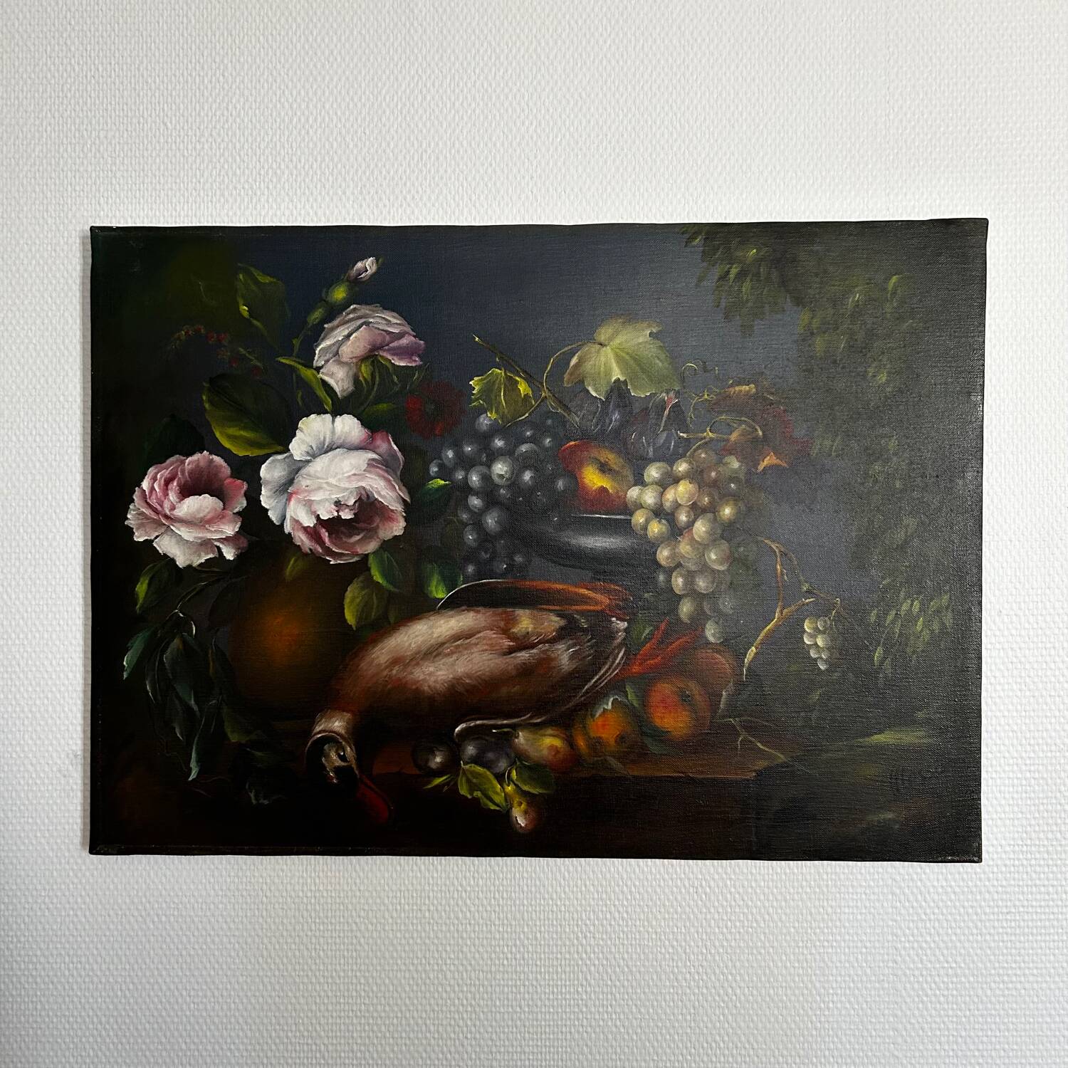 Painting, still life roses, grapes and game